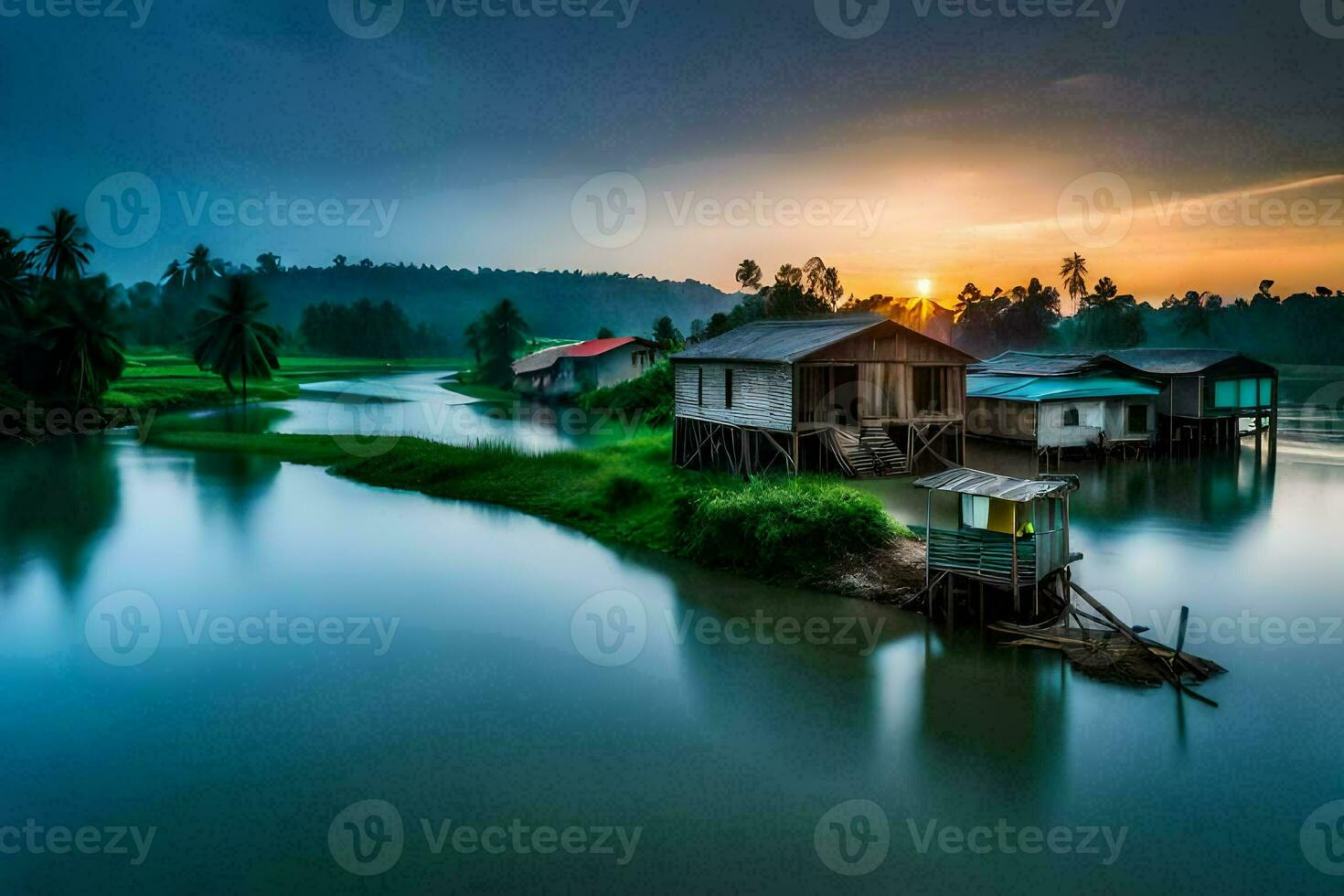 a river in the middle of a village with houses on the banks. AI-Generated photo