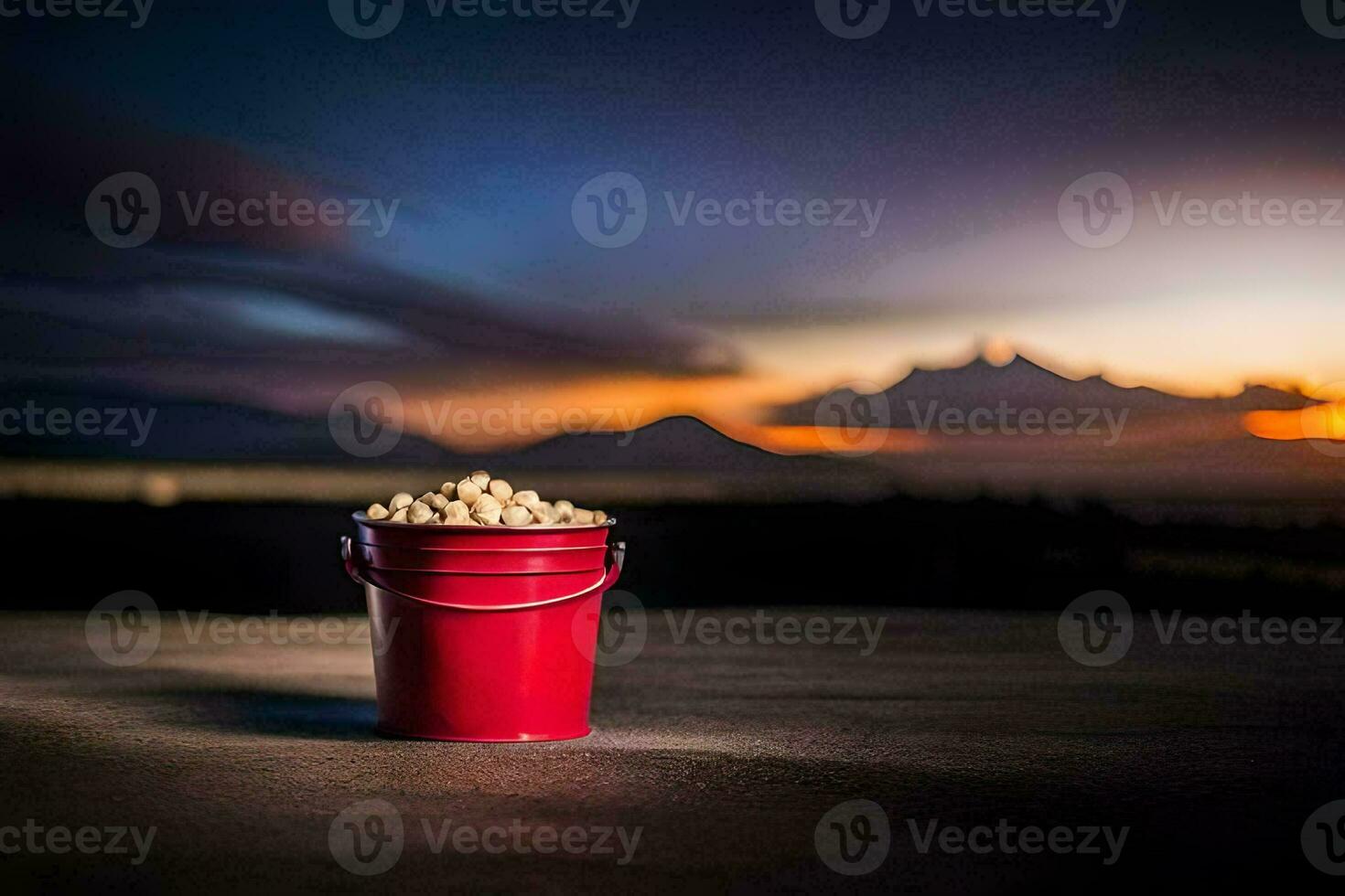 a red bucket with peanuts on a table in front of a sunset. AI-Generated photo