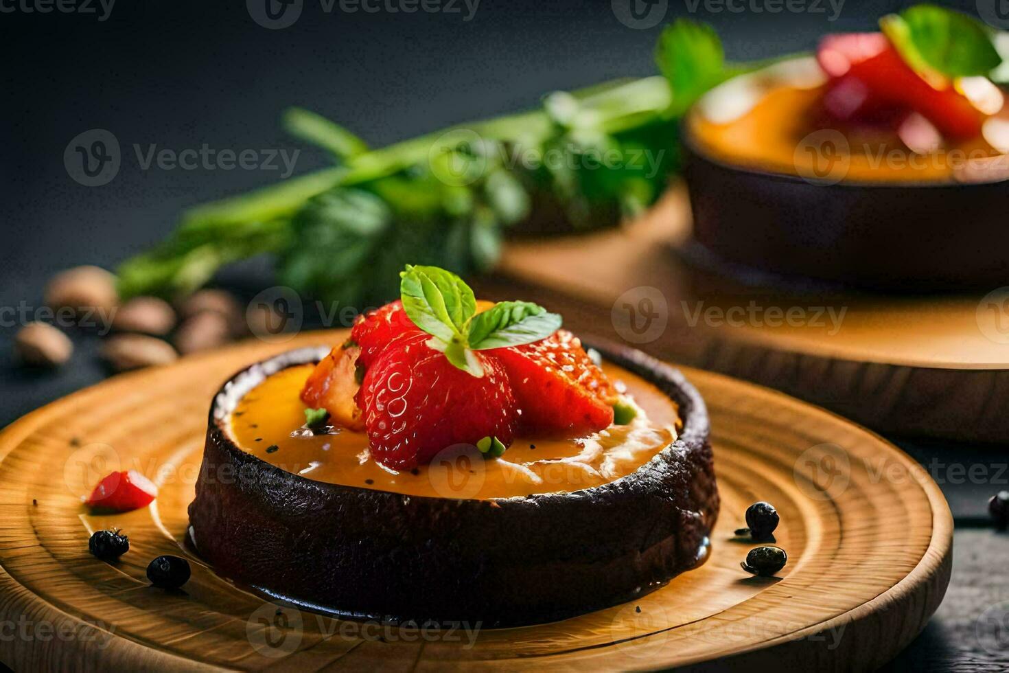 the chocolate cake with strawberries and mint leaves is a dessert. AI-Generated photo