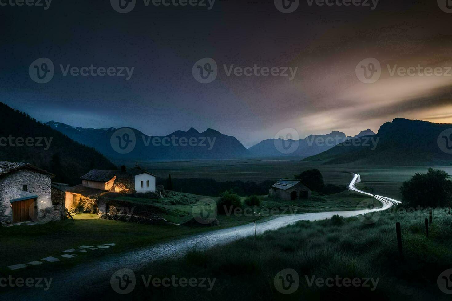 a road leading to a small village in the mountains. AI-Generated photo