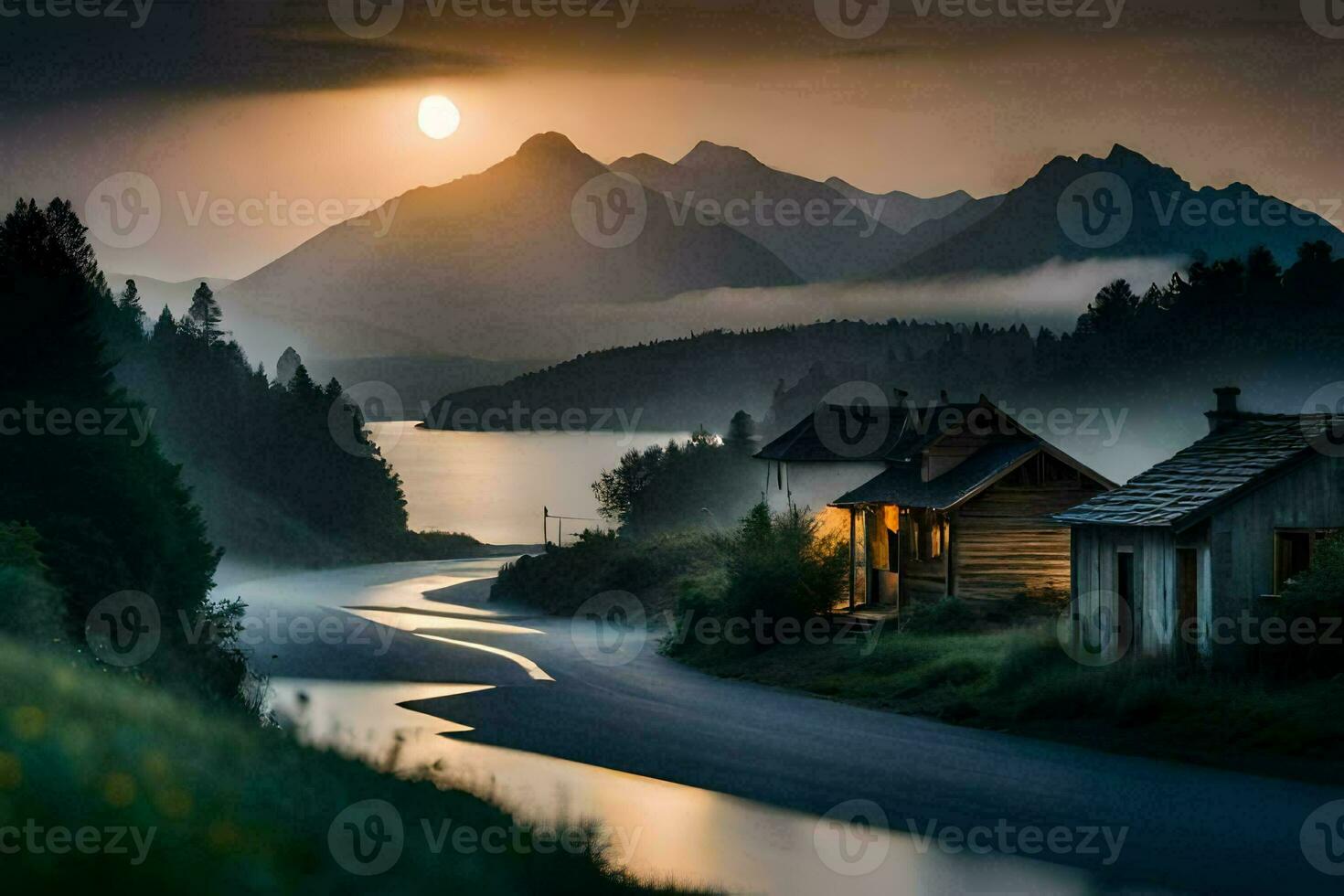 a house sits on the side of a mountain with a river running through it. AI-Generated photo