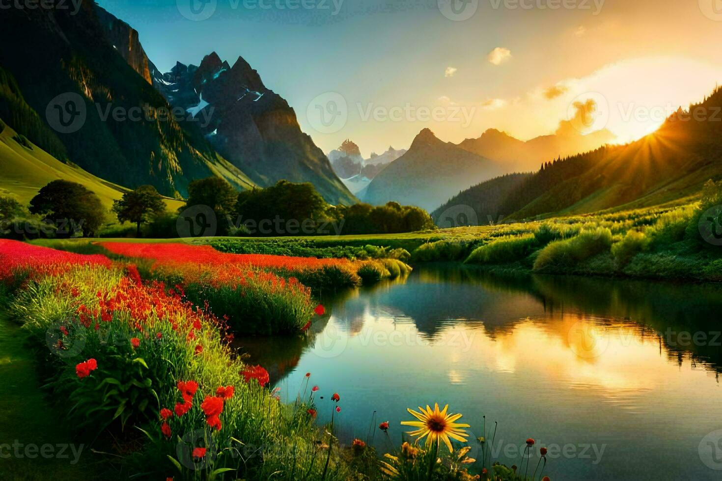 the sun rises over the mountains and flowers in the foreground. AI-Generated photo