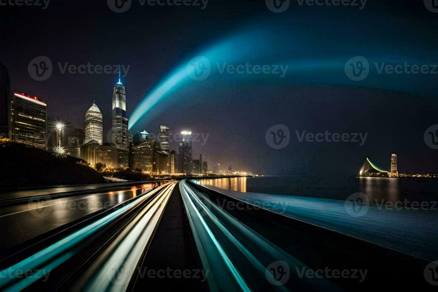 a long exposure photograph of a city skyline at night. AI-Generated photo