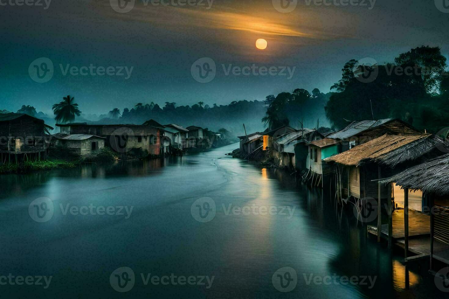 a river in the middle of a village with houses on either side. AI-Generated photo