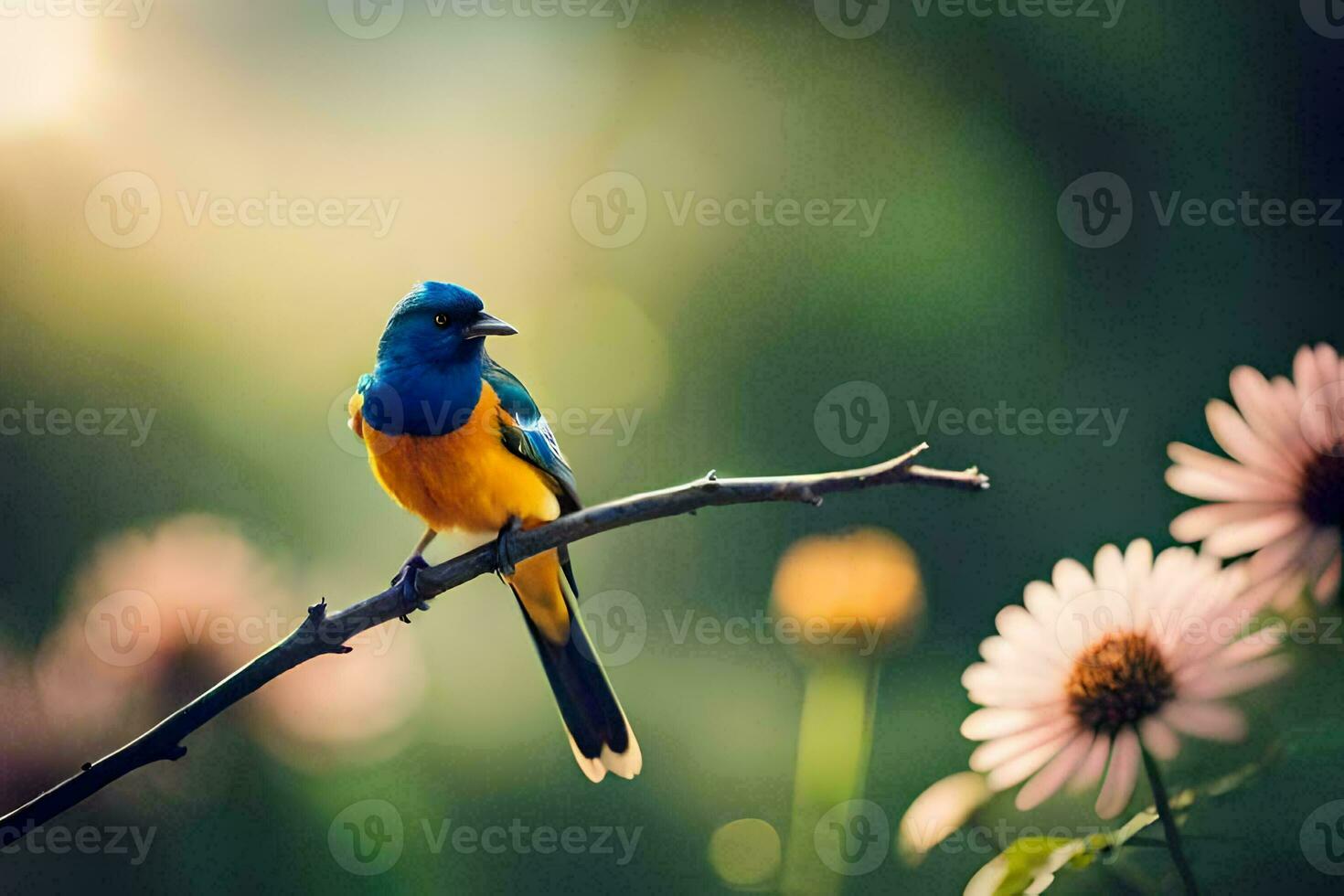 a blue and yellow bird sits on a branch. AI-Generated photo