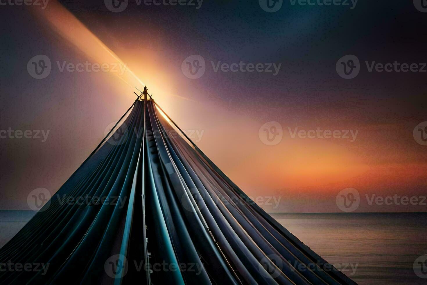 a long, curved metal pole with a light shining from it. AI-Generated photo