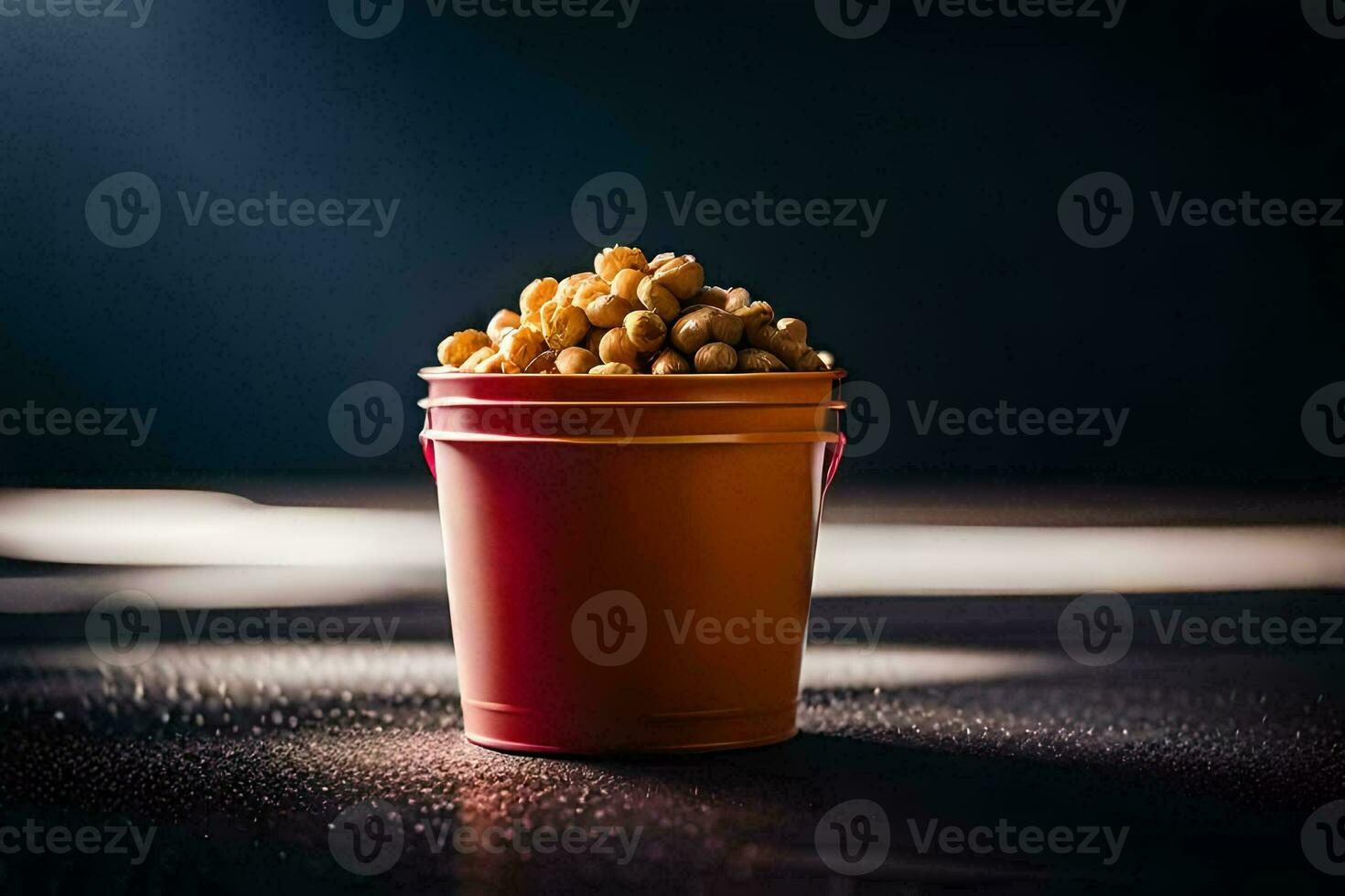 a bucket of peanuts sitting on a table. AI-Generated photo