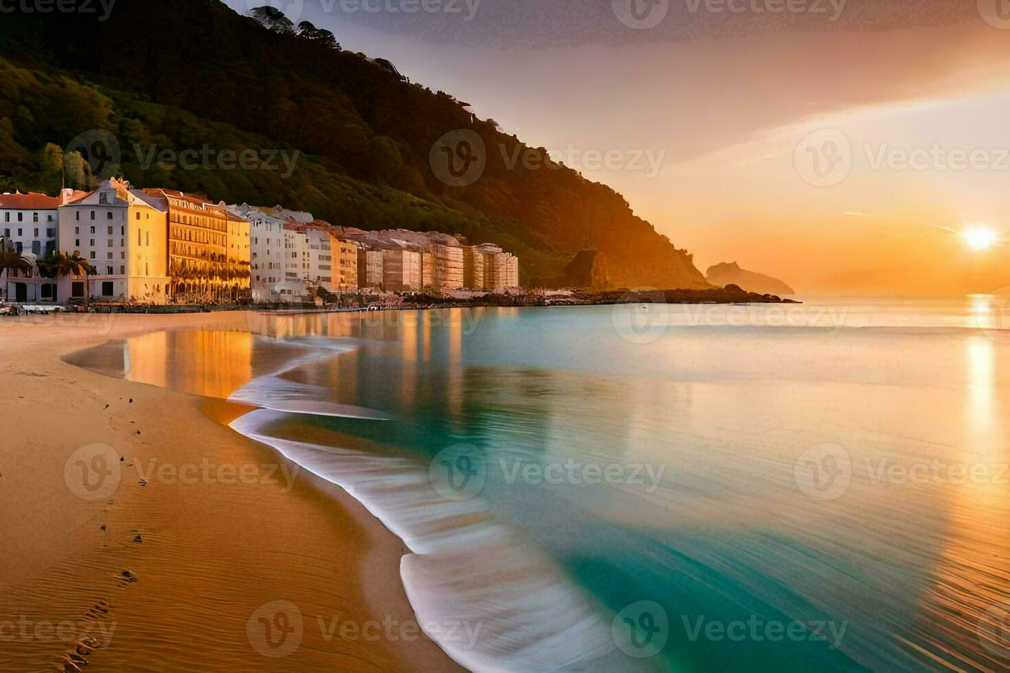 the sun sets over a beach and buildings. AI-Generated photo