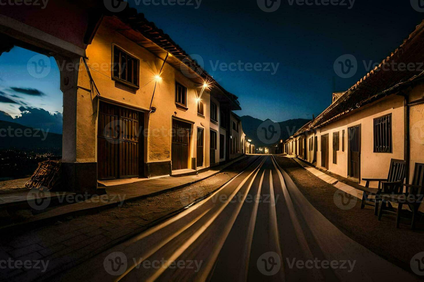 a long exposure photograph of a street in the evening. AI-Generated photo