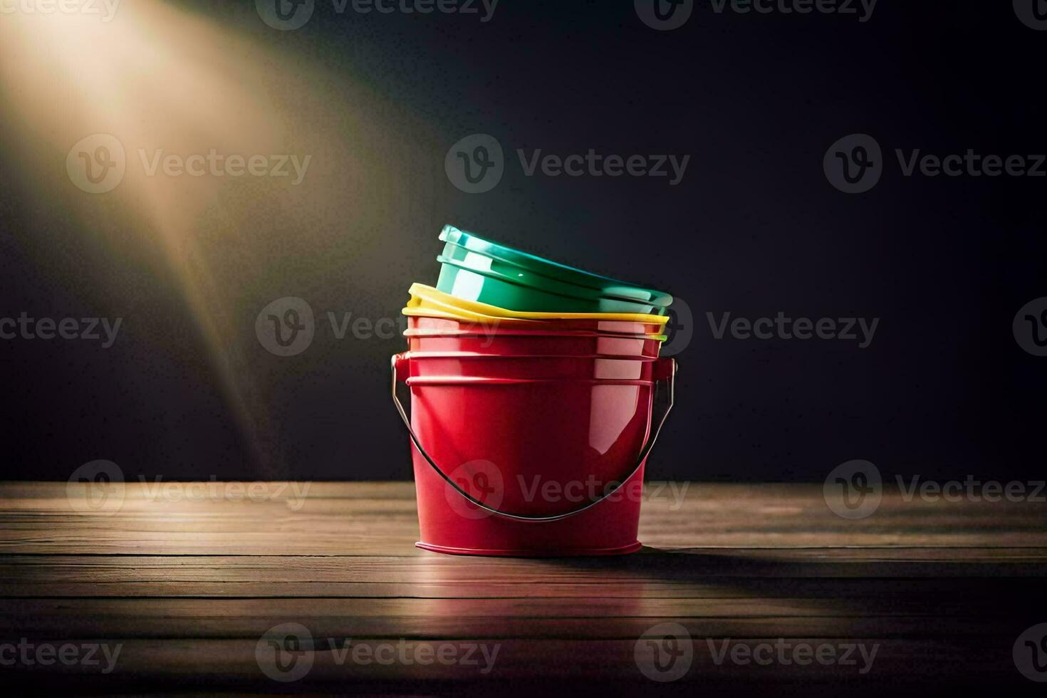 a red and yellow bucket sitting on a wooden table. AI-Generated photo