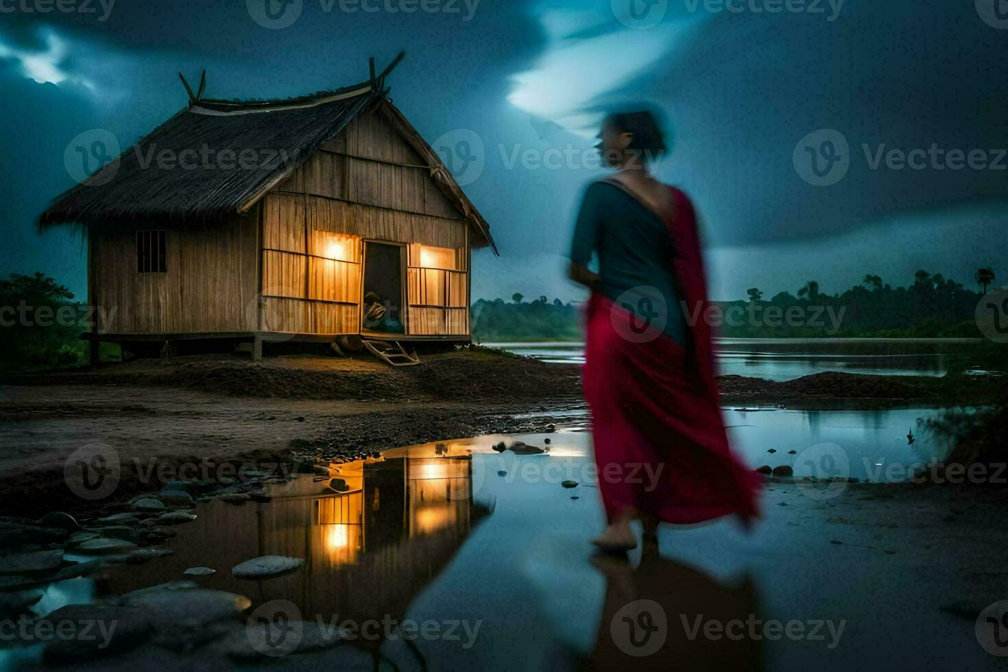 un mujer en un rojo sari camina por un pequeño choza en el lluvia. generado por ai foto