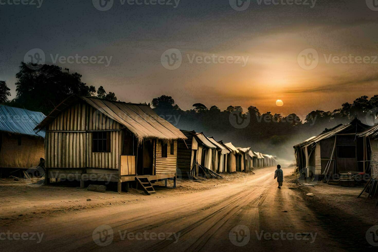 a man walks down a dirt road in front of a village. AI-Generated photo