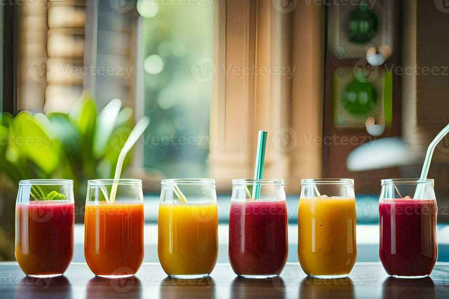 a row of glasses with different colored juices. AI-Generated photo