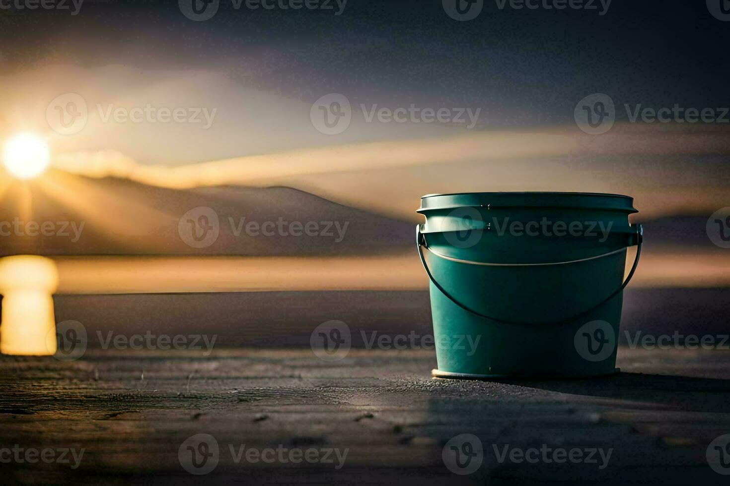 a bucket sitting on a dock at sunset. AI-Generated photo