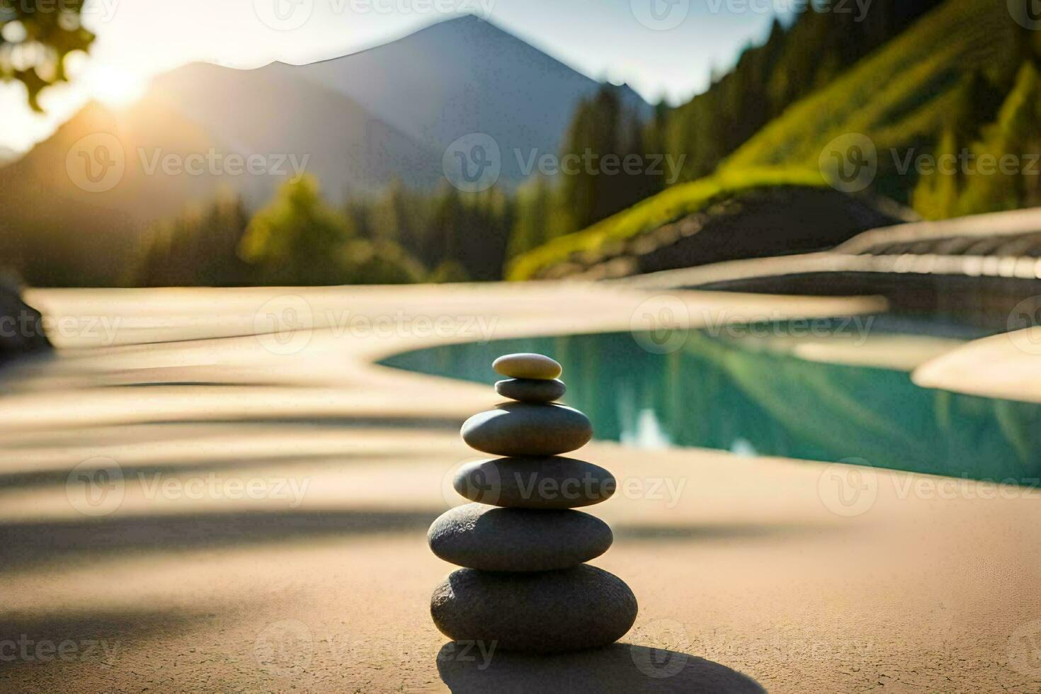 a stack of stones sits on the edge of a pool. AI-Generated photo