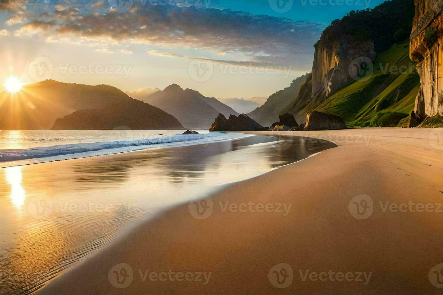 the sun sets on the beach and the waves are washing over the sand. AI-Generated photo