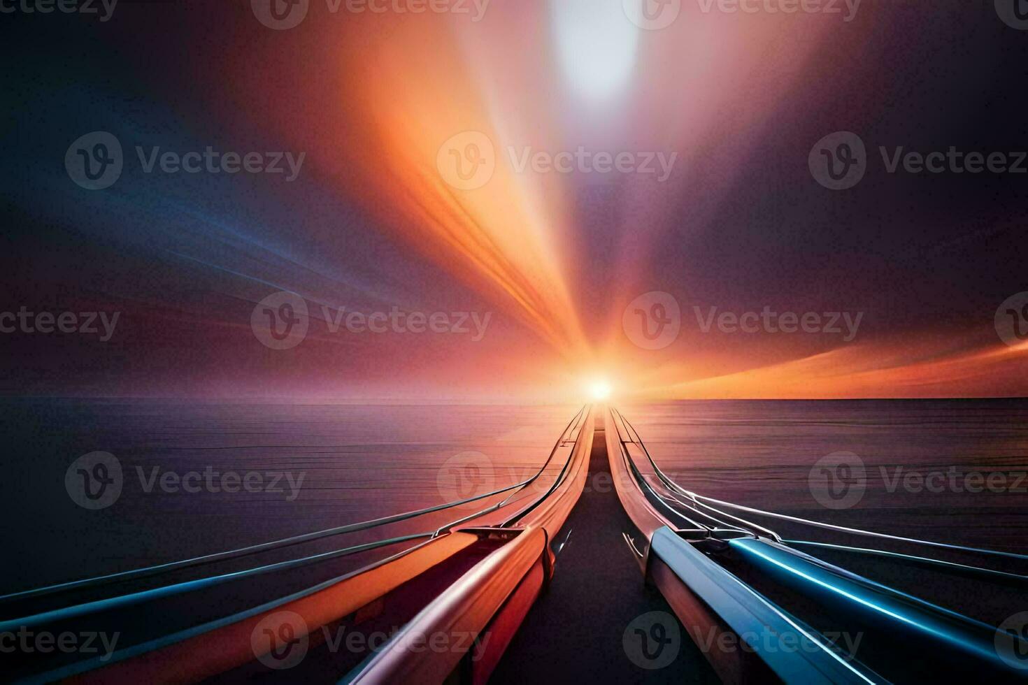 a long line of cars going down a road at sunset. AI-Generated photo