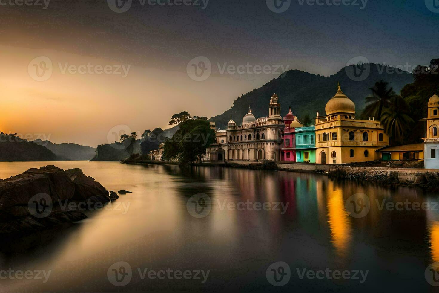 el Dom conjuntos terminado un lago y un edificio. generado por ai foto