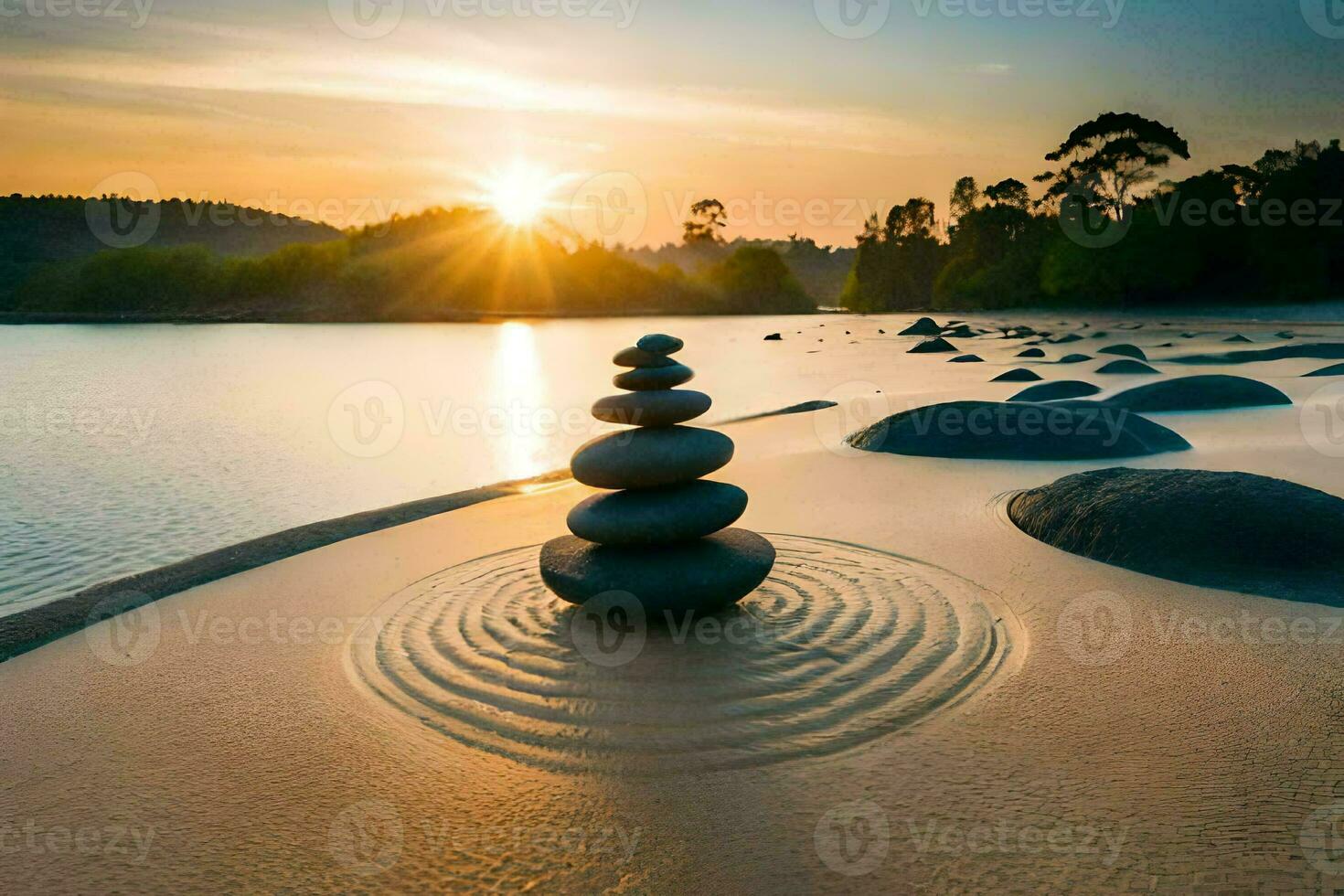 a stack of rocks on the beach at sunset. AI-Generated photo