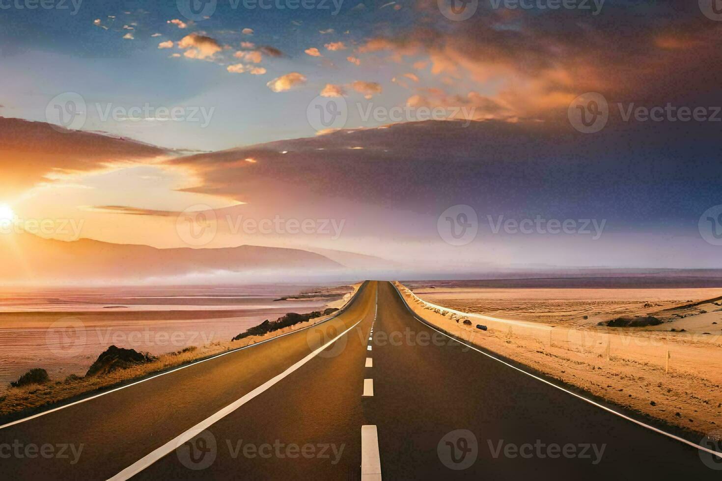 the sun is setting over a long road in the middle of the desert. AI-Generated photo