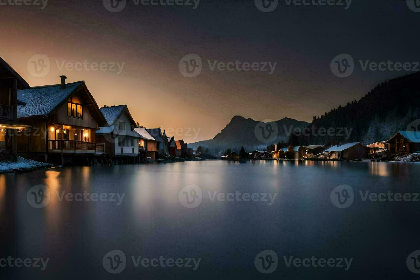 a lake in the winter with houses on the shore. AI-Generated photo