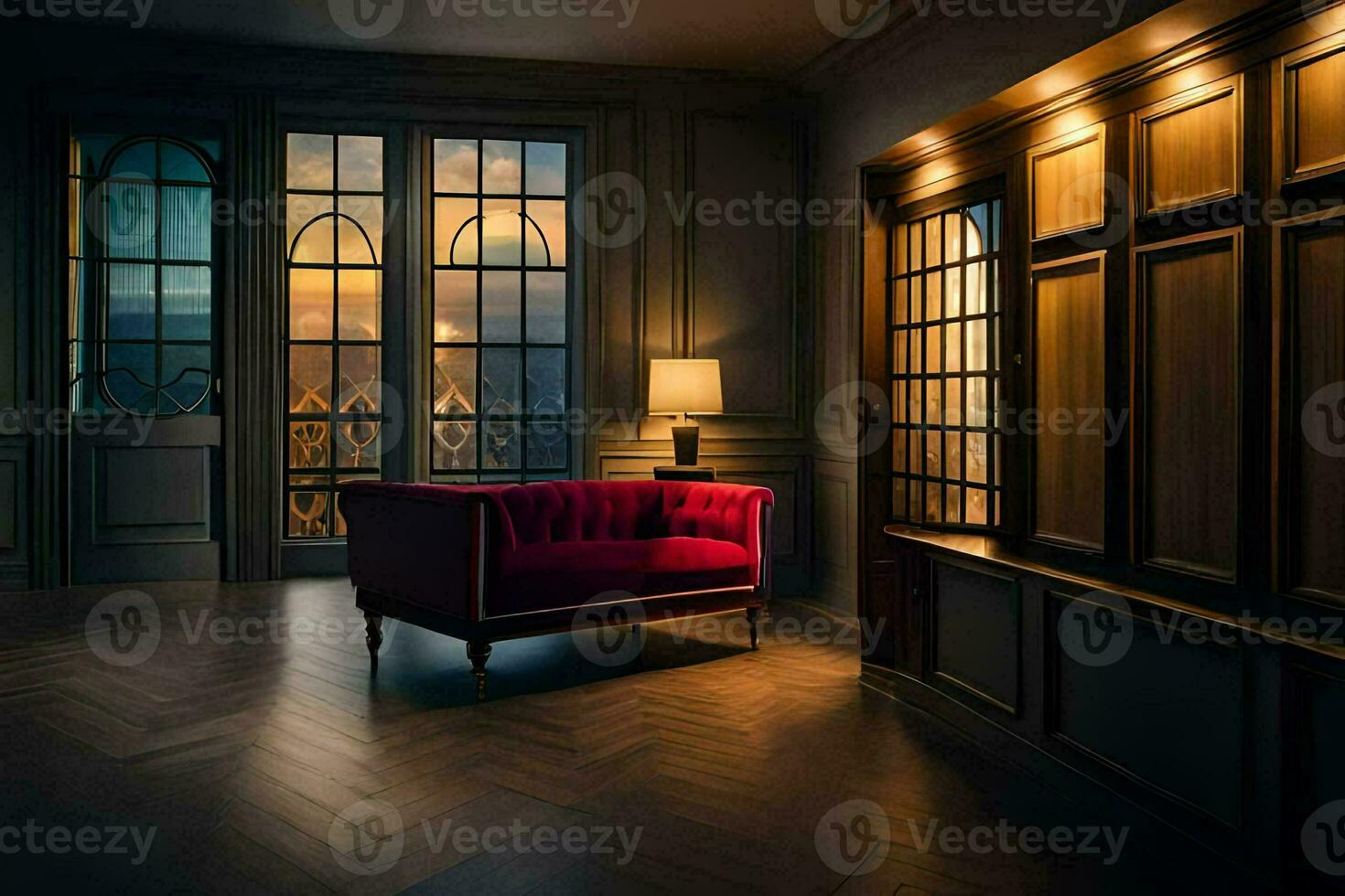 a dark room with a red couch and windows. AI-Generated photo