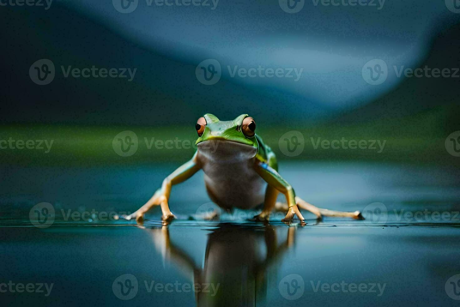 a frog sitting on the water with its reflection. AI-Generated photo