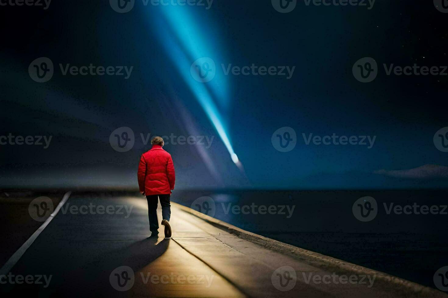 a man in a red jacket stands on a pier looking at the sky. AI-Generated photo