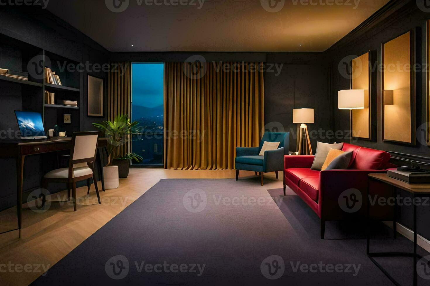 a hotel room with a desk, chair and couch. AI-Generated photo