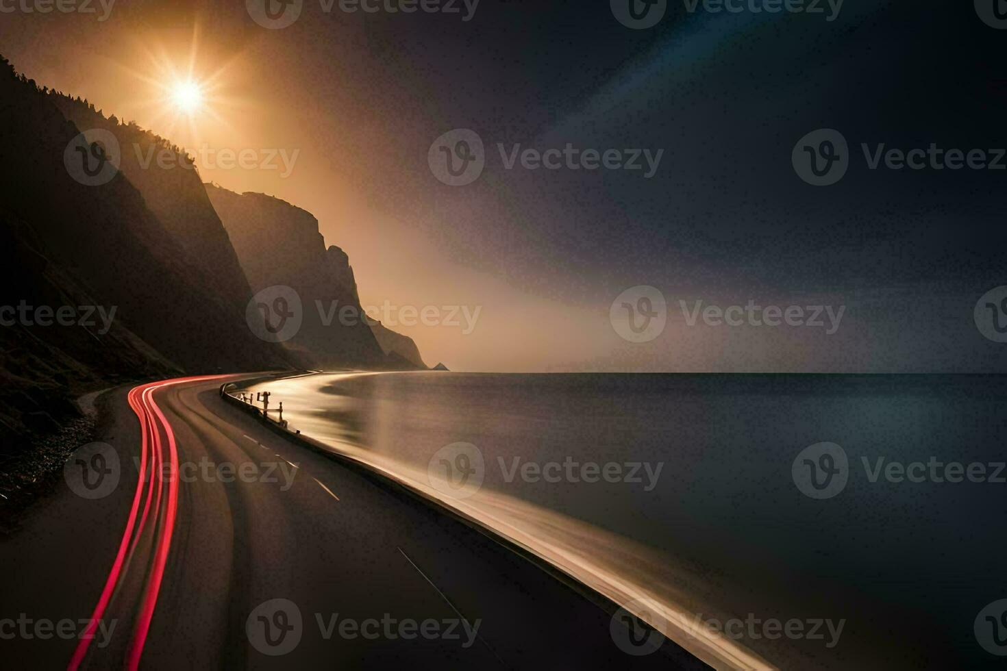 a long exposure photo of a road and the ocean. AI-Generated