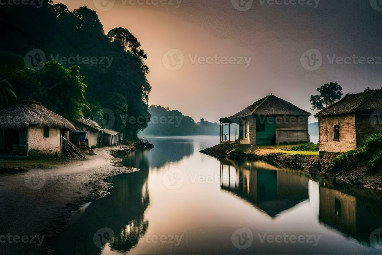 a river in the middle of a village with huts. AI-Generated photo