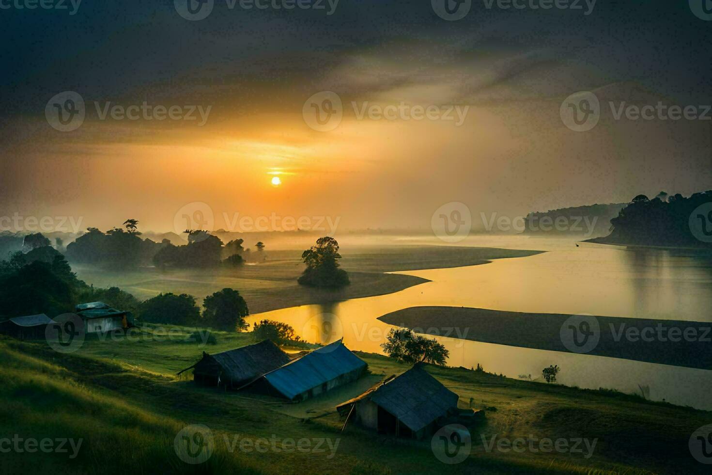 a beautiful sunrise over a river and some huts. AI-Generated photo