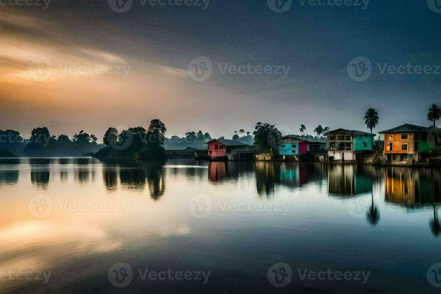 colorful houses on the water at sunset. AI-Generated photo