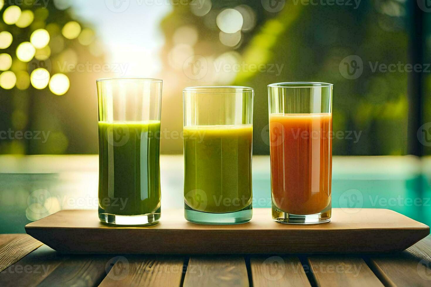 three glasses of juice on a wooden tray. AI-Generated photo