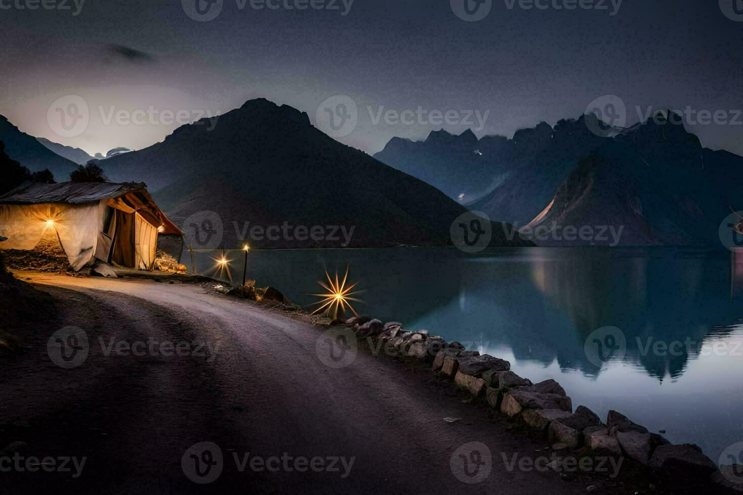 a cabin sits on the side of a lake at night. AI-Generated photo