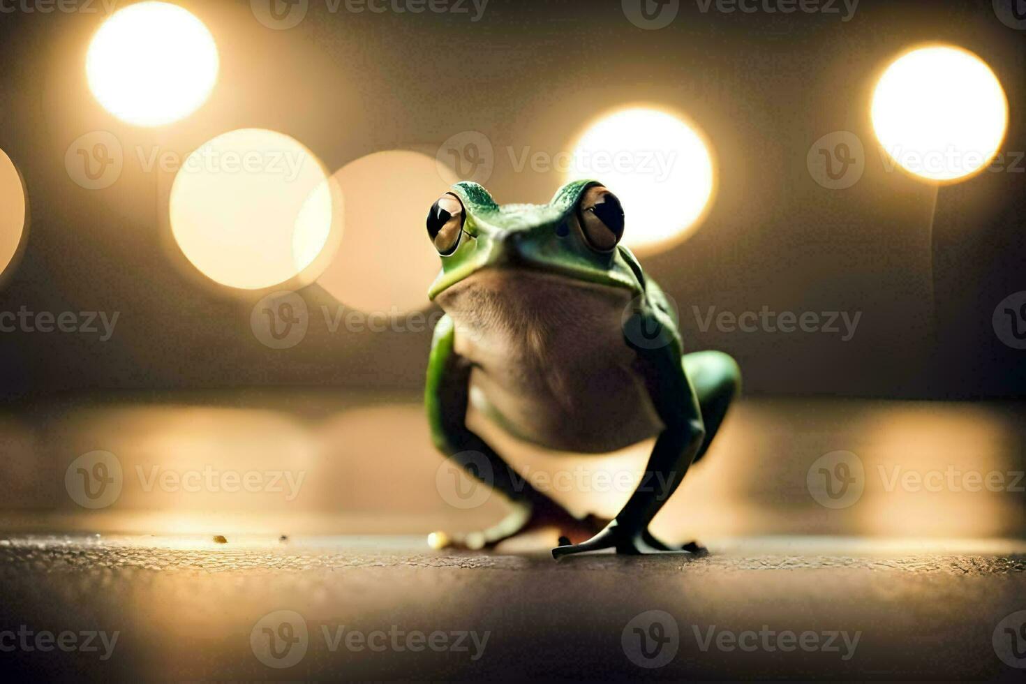 a frog is standing on a dark floor with lights in the background. AI-Generated photo