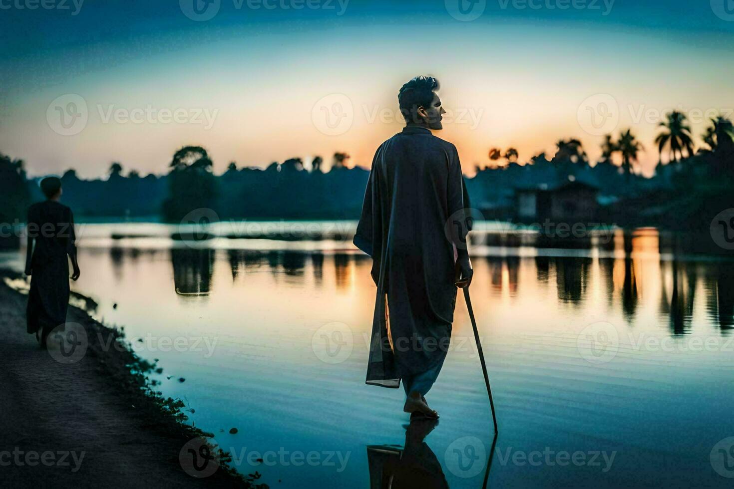 a man walking along the river at sunset. AI-Generated photo