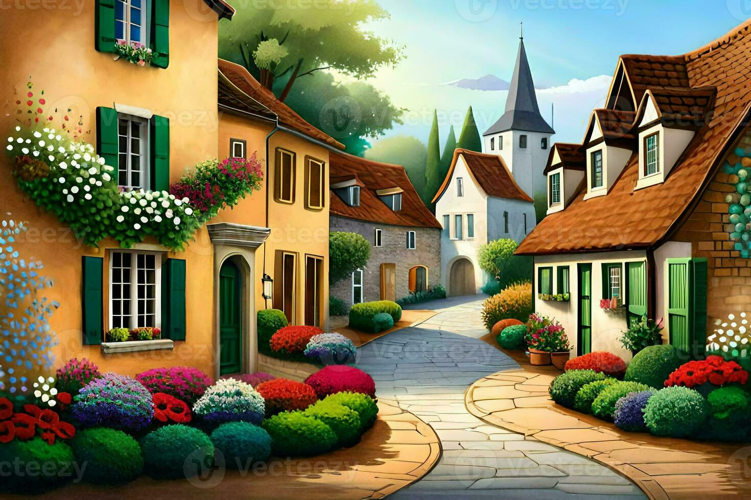 a painting of a street with flowers and houses. AI-Generated photo