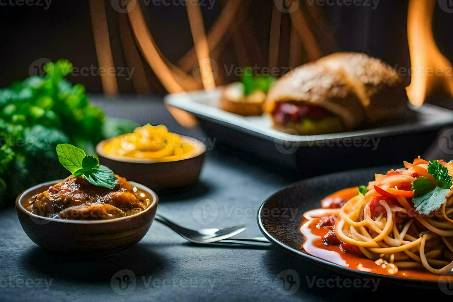 spaghetti and meatballs on a table with bowls of sauce. AI-Generated photo