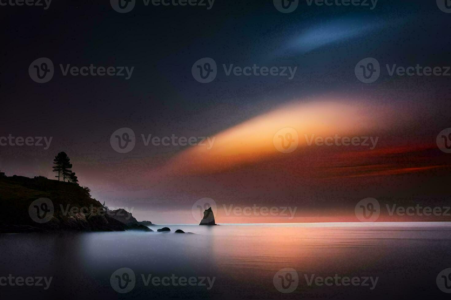a long exposure photograph of a tree on the shore of a body of water. AI-Generated photo