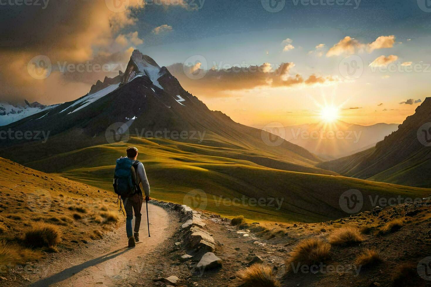 a man walks on a path in the mountains. AI-Generated photo