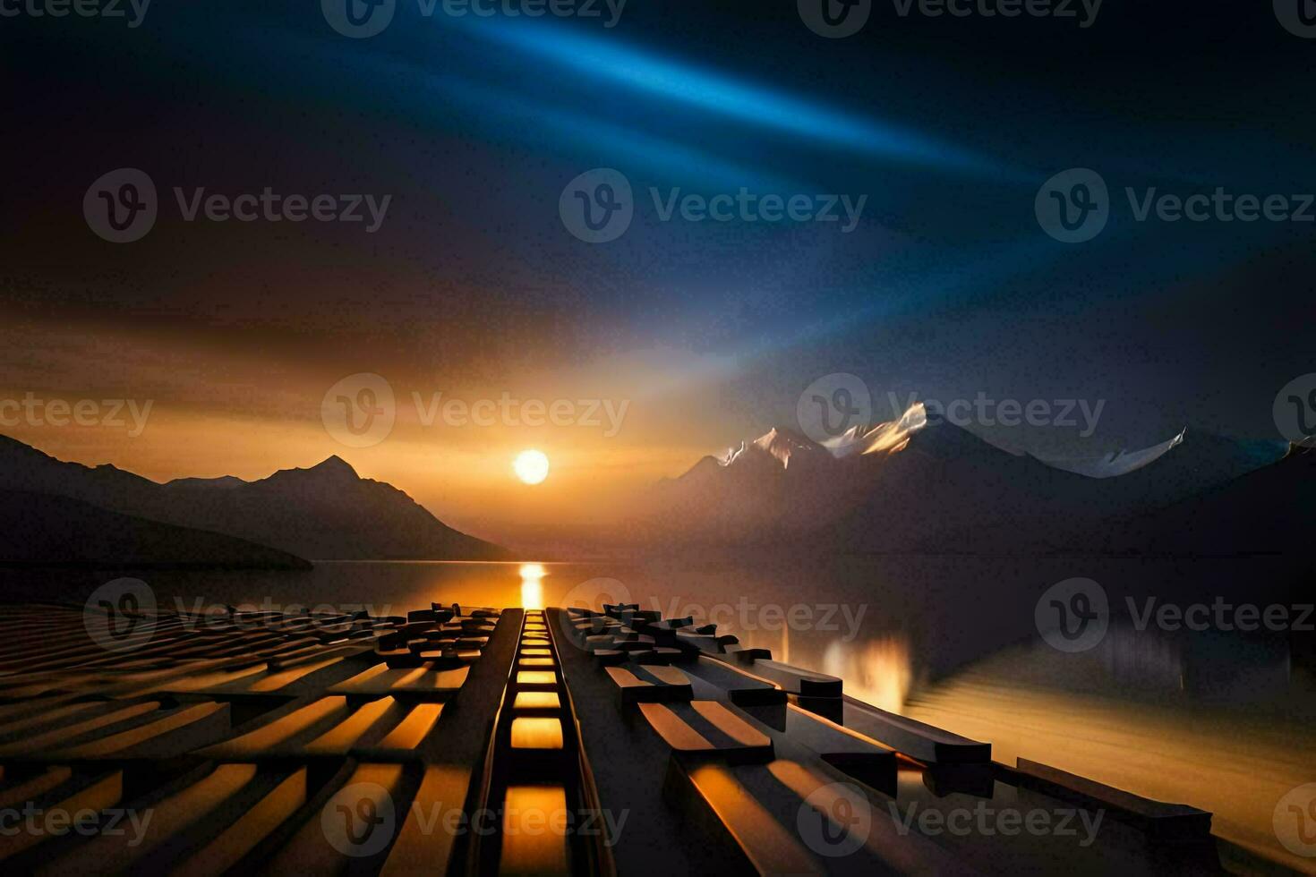 a lake and mountains at sunset. AI-Generated photo