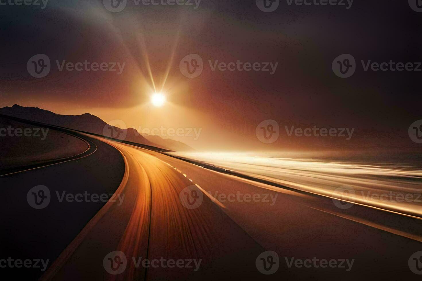 a long exposure photograph of a road with the sun shining. AI-Generated photo