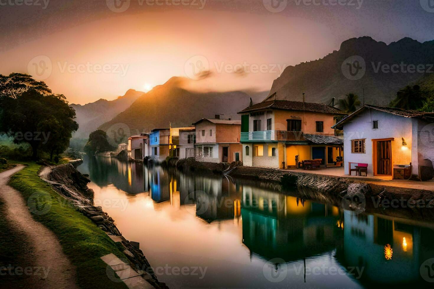 a river in front of houses at sunset. AI-Generated photo