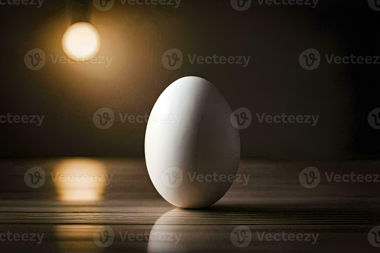 an egg sitting on a table in front of a light bulb. AI-Generated photo