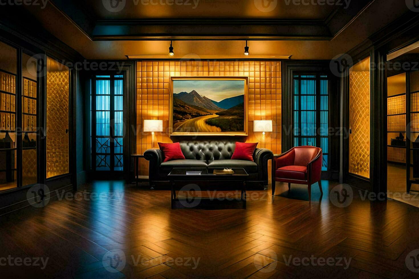 the living room has a large painting on the wall. AI-Generated photo