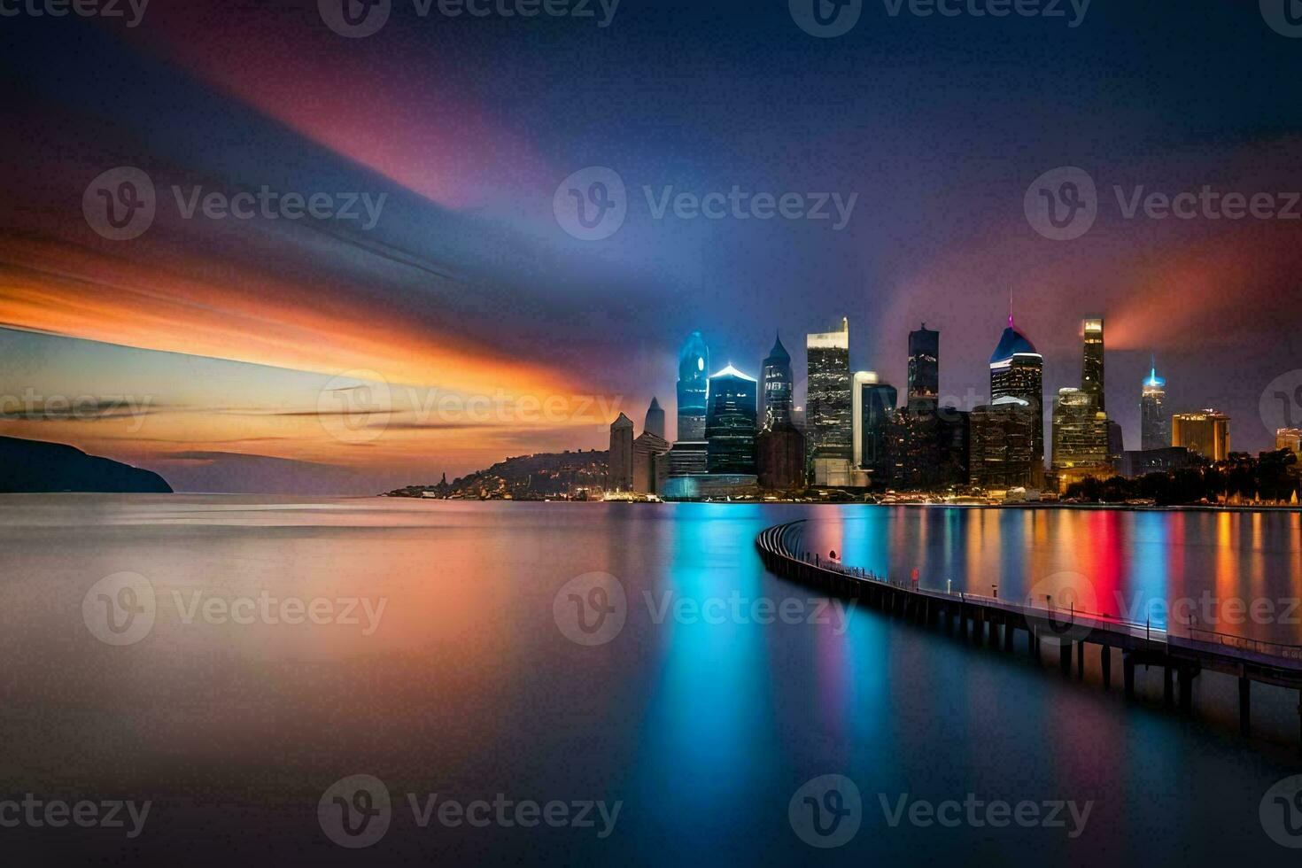 the city skyline at night with a dock and water. AI-Generated photo