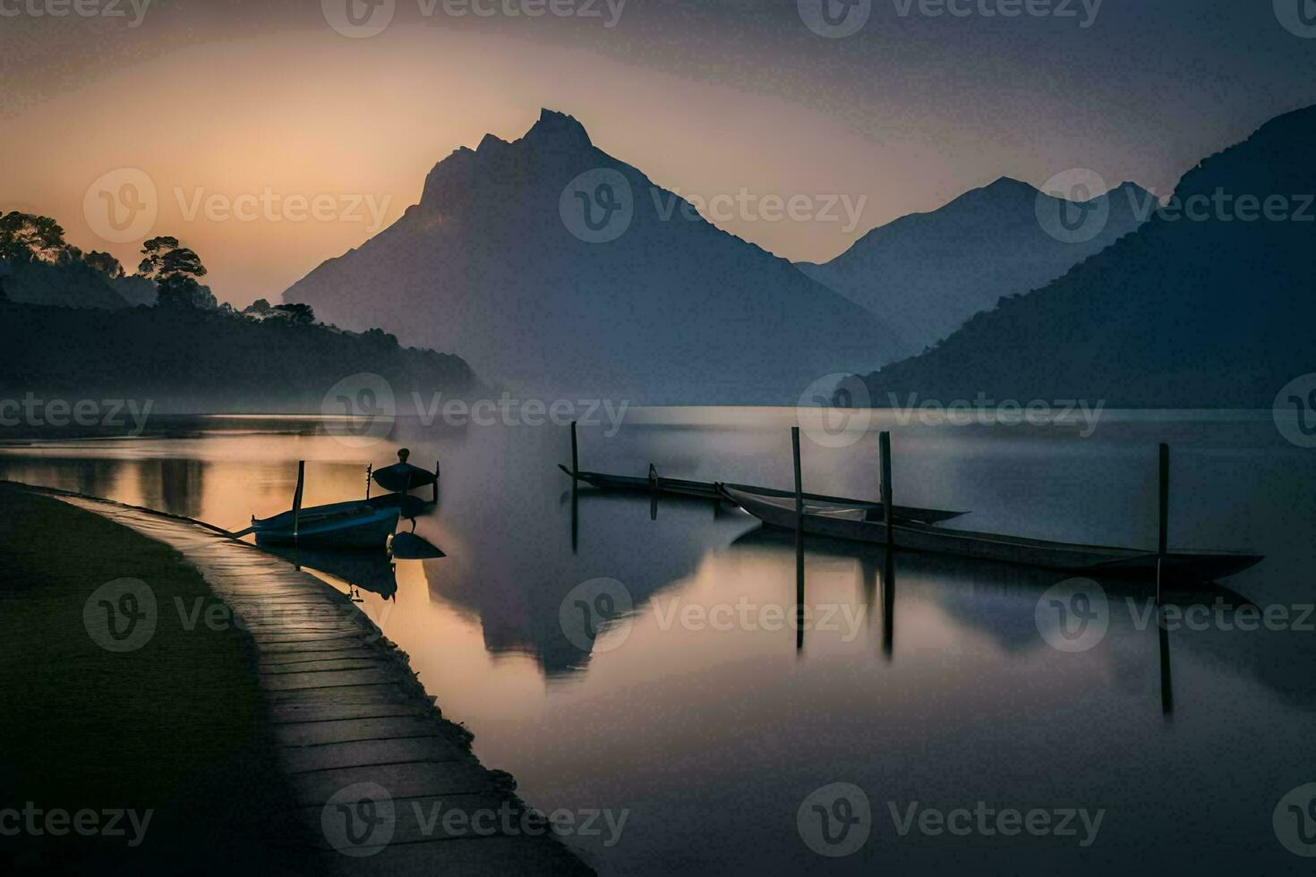 a boat sits on the shore of a lake at sunrise. AI-Generated photo