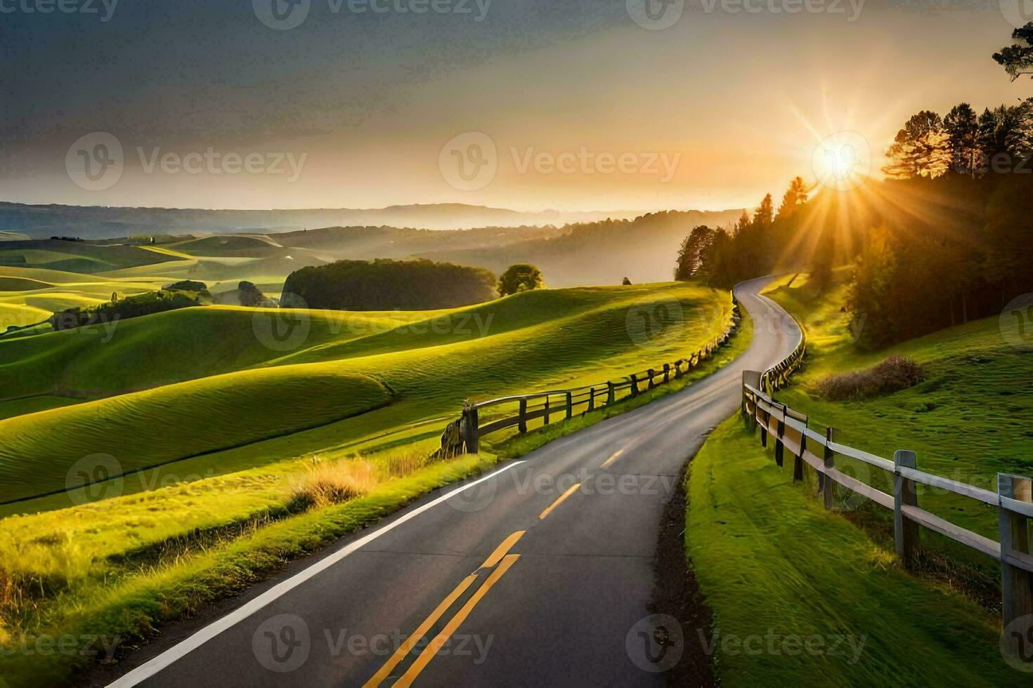 a road winding through the countryside at sunset. AI-Generated photo