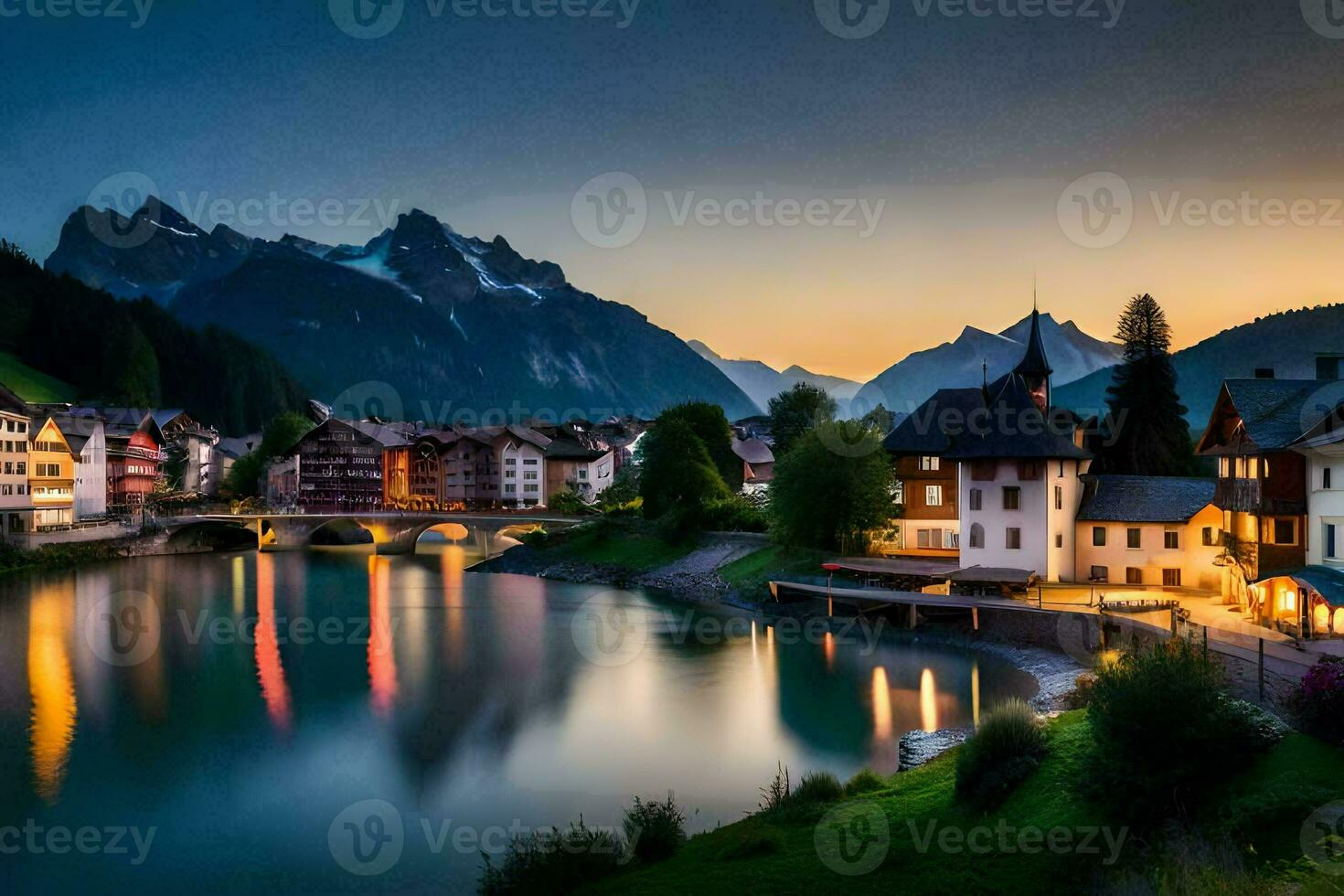 photo wallpaper the sky, mountains, lake, switzerland, the city, the river, the. AI-Generated